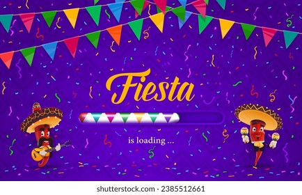 Mexican fiesta holiday party loading. Mexico culture event greeting vector banner with chili mariachi musicians funny characters playing on guitar and maracas, garland, confetti and loading bar