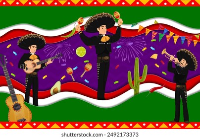 Fiesta mexicana o Día de la Independencia Anuncio cortado en papel. Músicos de mariachi y fuegos artificiales. Vector de dibujos animados artistas latinos banda de música llevan sombrero y trajes nacionales, tocando guitarra, trompeta y maracas