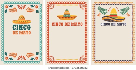 Mexican Fiesta Invitation Templates Vector, Cinco de Mayo Frames, Sombrero and Decorative Borders