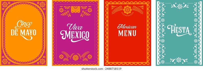 Mexican Fiesta, Mexican Menu restaurant, Cinco de Mayo invitation. Collection of vector cards design. Colorful printable illustrations