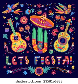 Mexican fiesta party banner with cartoon sombrero hat, maracas, guitar and hummingbirds, guitars and tropical flowers in ethnic alebrije style. Vector background with traditional symbols of Mexico