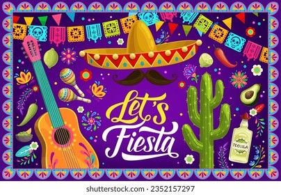 Mexican fiesta party banner or flyer with sombrero, guitar and papel picado flags, vector background. Mexico holiday festival tequila, avocado, cactus with maracas and mustaches in papel picado frame