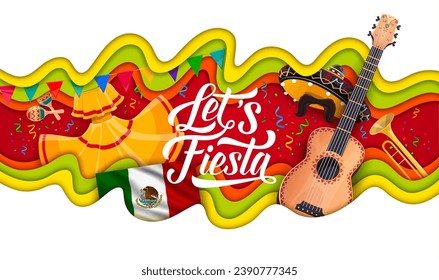 mexikanisches Fest-Fest-Fest-Banner mit Papier-Schnitt-Wellen und Musikinstrumenten. Ethnische Partei Cinco de Mayo, fiesta papercut, Vektorhintergrund mit Flamenco-Tanzkleid, Gitarre, Trompete und Sombrero, Flagge