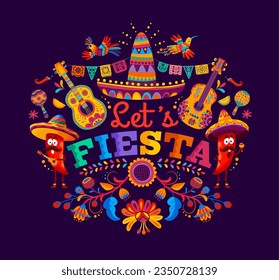 Mexican fiesta party banner with pepper mariachi, sombrero and guitars. Vector Mexico holiday background with birds, tropical flowers and jalapeno or guindilla latino characters celebrating event