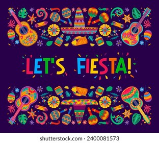 mexikanische Fest-Fest-Banner mit Sombrero, Maracas und Gitarren, Vektor tropische Blumen-Ornament. mexikanisches Fest-Poster mit bunten Mustern mexikanischer Burrito, Tequila oder Pinata und Blumen