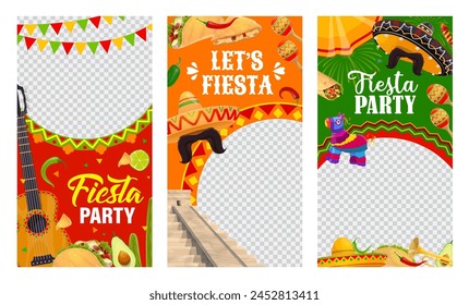 Mexican fiesta party banner templates for Mexico holidays celebration, vector frames. Social media templates with Mexican sombrero and mariachi guitar, Aztec pyramid and avocado with maracas