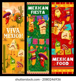 Mexican fiesta and party, cartoon mexican tacos and enchilada, burrito, churros and jalapeno, nachos and avocado musician characters. Vector banners holiday event with tex mex fast food personages