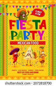 Volante de fiesta de fiesta mexicana, caricatura aguacate, jalapeno, quesadilla y personajes de músicos burritos. Afiche de invitación de vectores para la celebración de las fiestas. Personajes de pimienta y tex chile de méxico