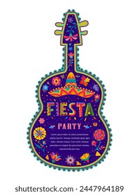 Mexican fiesta party flyer with guitar. Vector colorful holiday template with cartoon alebrije style sombrero hat and tropical flowers. Greeting card for traditional celebratory event of Mexico