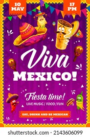 Mexican fiesta party flyer or poster with cartoon mexican jalapeno and chili peppers, chimichanga funny characters. Holiday celebration party with mexican traditional fast food, music and sombrero hat