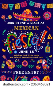 Mexican fiesta party flyer with sombrero, tequila and guitar, Mexico festival vector background. Mexican holiday celebration event poster with maracas, flowers, jalapeno pepper and papel picado flags