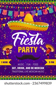 Mexican fiesta party flyer with sombrero hat, mustaches and papel picado flags, vector background. Dia de Los Muertos or Day of Dead holiday event banner with chili peppers mariachi characters