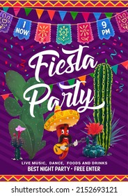 Mexican fiesta party flyer with vector cactuses and chili pepper cartoon character. Funny mariachi musician chili personage with sombrero playing guitar, papel picado flags, opuntia, saguaro cactuses