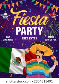 Volante de fiesta de fiesta mexicana. Cartel de invitación al vector o tarjeta de presentación con sombrero como caricatura a un músico de Mariachi con sombrero mexicano y trajes nacionales con guirnaldas de bandera, fuegos artificiales y confeti