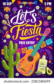 mexikanische Fest-Fest-Flieger von Vektormexikanerferien. Cartoon-Gitarre, Maracas, Chilis und Tequila, Kaktus und Papel-Picado-Fahnen auf floralem Muster-Hintergrund. Viva Mexico, Cinco de Mayo Poster