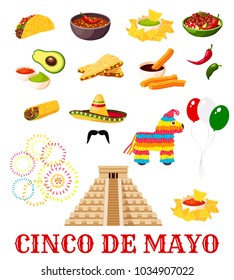 mexikanische Fiesta-Party-Symbol für Cinco de Mayo Urlaub. Chilischoten, Sombrero und Avocado guacamole, Jalapeno-Salsa-Sauce, Tacos und Nacho, Burrito, Pinata, Bohnen und Churros mit Aztec-Pyramide