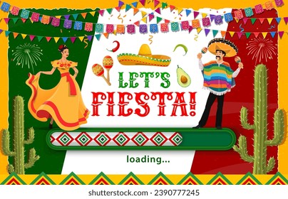 Mexican fiesta party holiday loading page. Mexico carnival of festival vector background or banner with flamenco dancer woman, mariachi musician character, papel picado garland, cactus and loading bar