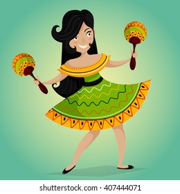 Mexican Fiesta Party Invitation with beautiful Mexican woman dancing with maracas.Vector illustration poster. Design concept for Cinco de Mayo festival flyer, poster or greeting card 