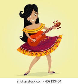 Mexican Fiesta Party Invitation with beautiful Mexican woman dancing and playing the guitar .Vector illustration poster. Design concept for Cinco de Mayo festival flyer, poster or greeting card