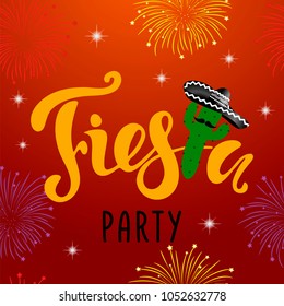 Mexican Fiesta Party Invitation with firework, cactus and sombrero. Creative vector illustration. 