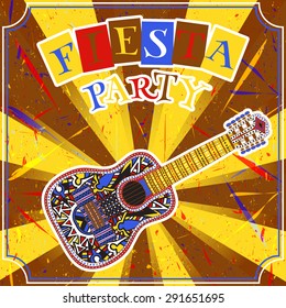Mexican Fiesta Party Invitation with Mexican guitar and colorful title. Hand drawn vector illustration poster with grunge background. Flyer or greeting card template