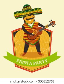 Mexican Fiesta Party Invitation with Mexican man playing the guitar in a sombrero. Hand drawn vector illustration poster. Flyer or greeting card template