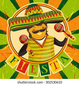 Mexican Fiesta Party Invitation with Mexican man playing the maracas in a sombrero. Hand drawn vector illustration poster. Flyer or greeting card template