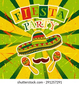 Mexican Fiesta Party Invitation with maracas, sombrero and mustache. Hand drawn vector illustration poster with grunge background