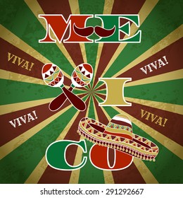 Mexican Fiesta Party Invitation with maracas, sombrero and mustache. Hand drawn vector illustration poster ' Viva Mexico' with grunge background