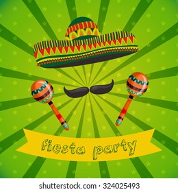 Mexican Fiesta Party Invitation with maracas, sombrero and mustache. Hand drawn vector illustration poster