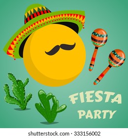 Mexican Fiesta Party Invitation with maracas, sombrero, cactuses and mustache. Hand drawn vector illustration poster. Flyer or greeting card template. 