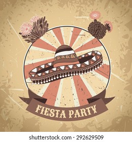 Mexican Fiesta Party label with sombrero and cactuses .Hand drawn vector illustration poster with grunge background. Flyer or greeting card template