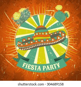 Mexican Fiesta Party label with sombrero and cactuses .Hand drawn vector illustration poster with grunge background. Flyer or greeting card template