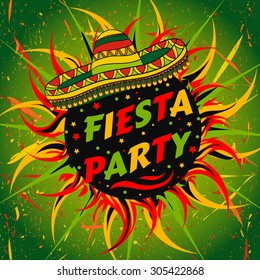 Mexican Fiesta Party label with sombrero and confetti .Hand drawn vector illustration poster with grunge background. Flyer or greeting card template