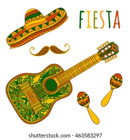 Mexican Fiesta Party.  Maracas, sombrero, mustache and guitar. Design concept for invitation, banner, card, t-shirt, print, poster. Isolated elements. Hand drawn vector illustration