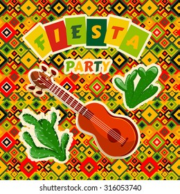 Mexican Fiesta Party poster with mexican guitar and cactuses. Flyer or greeting card template with geometric background. Vector illustration