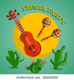 Mexican Fiesta Party poster with maracas, mexican guitar and cactuses. Flyer or greeting card template. Vector illustration