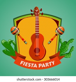 Mexican Fiesta Party poster with maracas, mexican guitar and cactuses. Flyer or greeting card template. Vector illustration