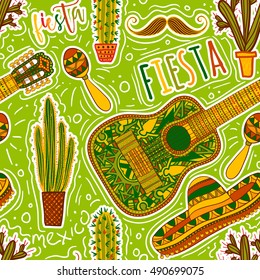 Mexican Fiesta Party. Seamless Pattern With Maracas, Sombrero, Mustache, Cacti And Guitar. Design Concept For Invitation, Banner, Card, T-shirt, Print, Poster. Hand Drawn Vector Illustration