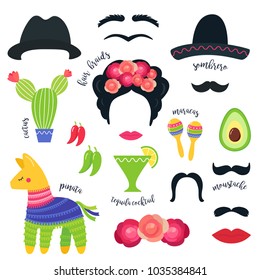 Mexican Fiesta Party Symbols and Photo Booth Props. Vector Design