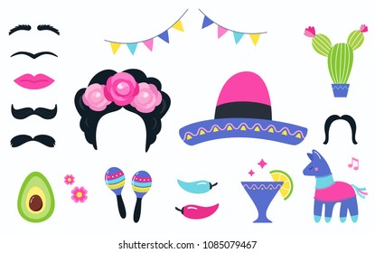 Mexican Fiesta Party Symbols and Photo Booth Props Set. Vector Design.