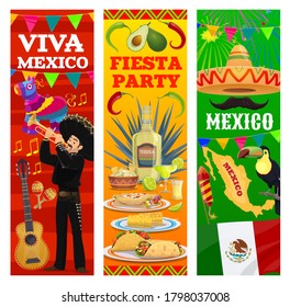 Mexican fiesta party vector banners with Mexico flag, map and food. Sombrero hat, chilli peppers and cactus, guitar, maracas and mariachi musician, corn tortilla tacos, burritos, nachos and tequila