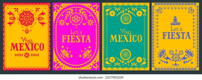 Mexican Fiesta posters set. Cinco de Mayo invitation with vintage floral ornament and text. Greeting cards for traditional Mexican holiday. Flat vector illustration collection isolated on background