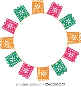 Mexican fiesta - round frame with copy space. Multi-colored holiday flags are arranged in a circle with space for text inside. Isolated vector illustration.