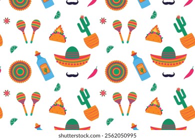 Mexican fiesta seamless pattern on white background. Vector illustration.	