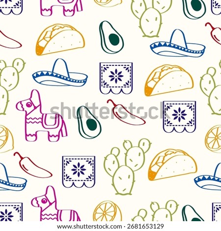 Mexican fiesta seamless pattern with tacos, avocados, sombreros, piñata, chili peppers and cactus. Festival icons for wrapping paper, backgrounds, wallpaper, textiles.