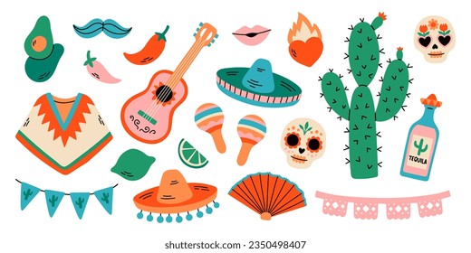 mexikanisches Fiesta Set, helle Festivaldekoration, Cinco de Mayo. Vektorgrafik im Flachstil einzeln auf Weiß