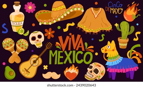 Mexican fiesta set. Bright festival party decoration, Cinco de Mayo. May 5, Pinat, food, sombrero, tequila, cactus. Hand drawn Vector isolated illustrations