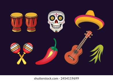 Mexican fiesta set, bright festival party decoration. Vector flat style illustration isolated cinco de mayo Collection Objects traditional instrument sombreros, pinatas, guitar, maracas and decoration