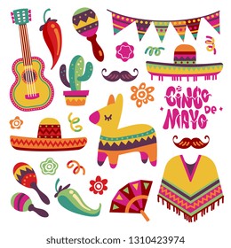 Mexican fiesta set. Cinco de mayo party elements sombrero, pinata and chili pepper, guitar vector collection